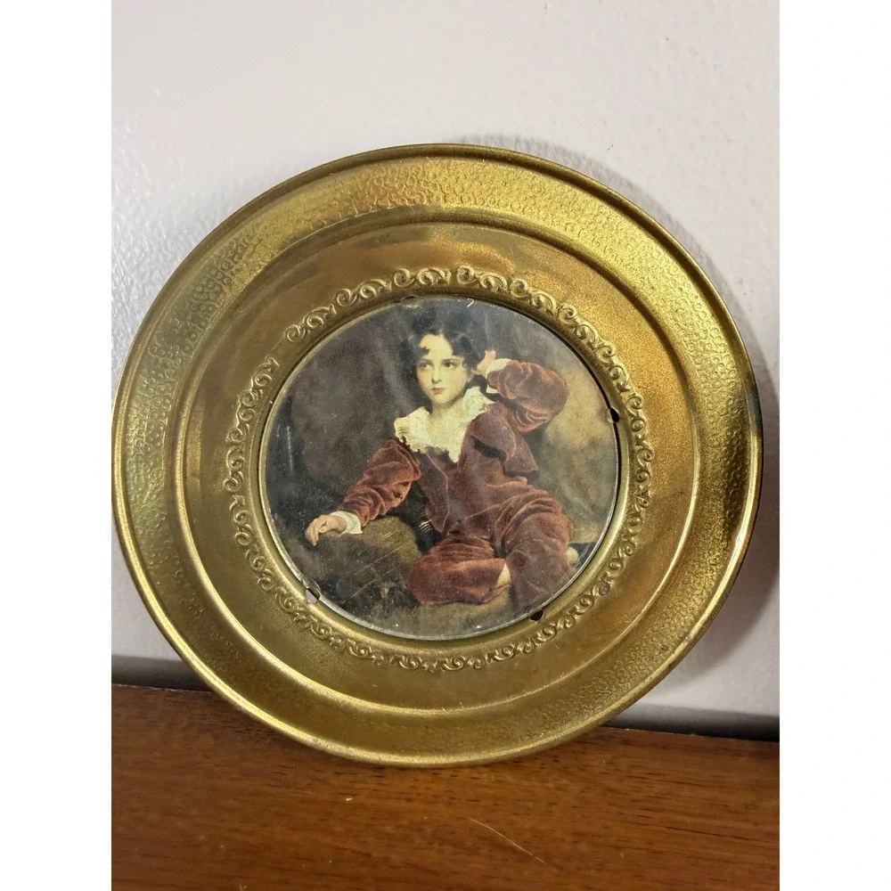 Vintage Brass Portrait Wall Art Set 2 Miss Bowles Red Boy England Victorian